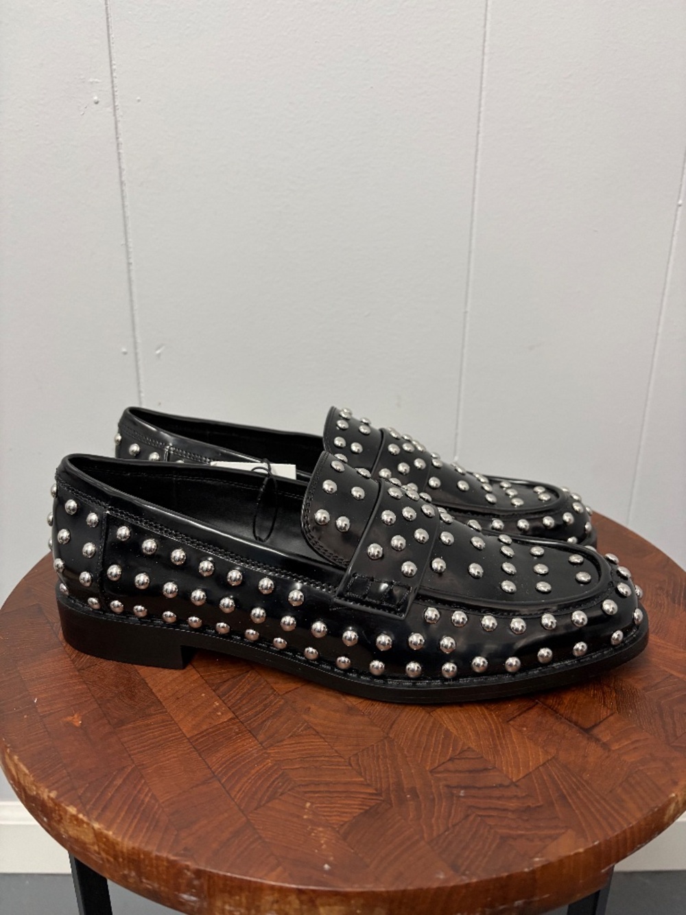Zara Studded Black Patent Leather with Silver Metal Studs Women's Size 9 - Picture 3 of 8